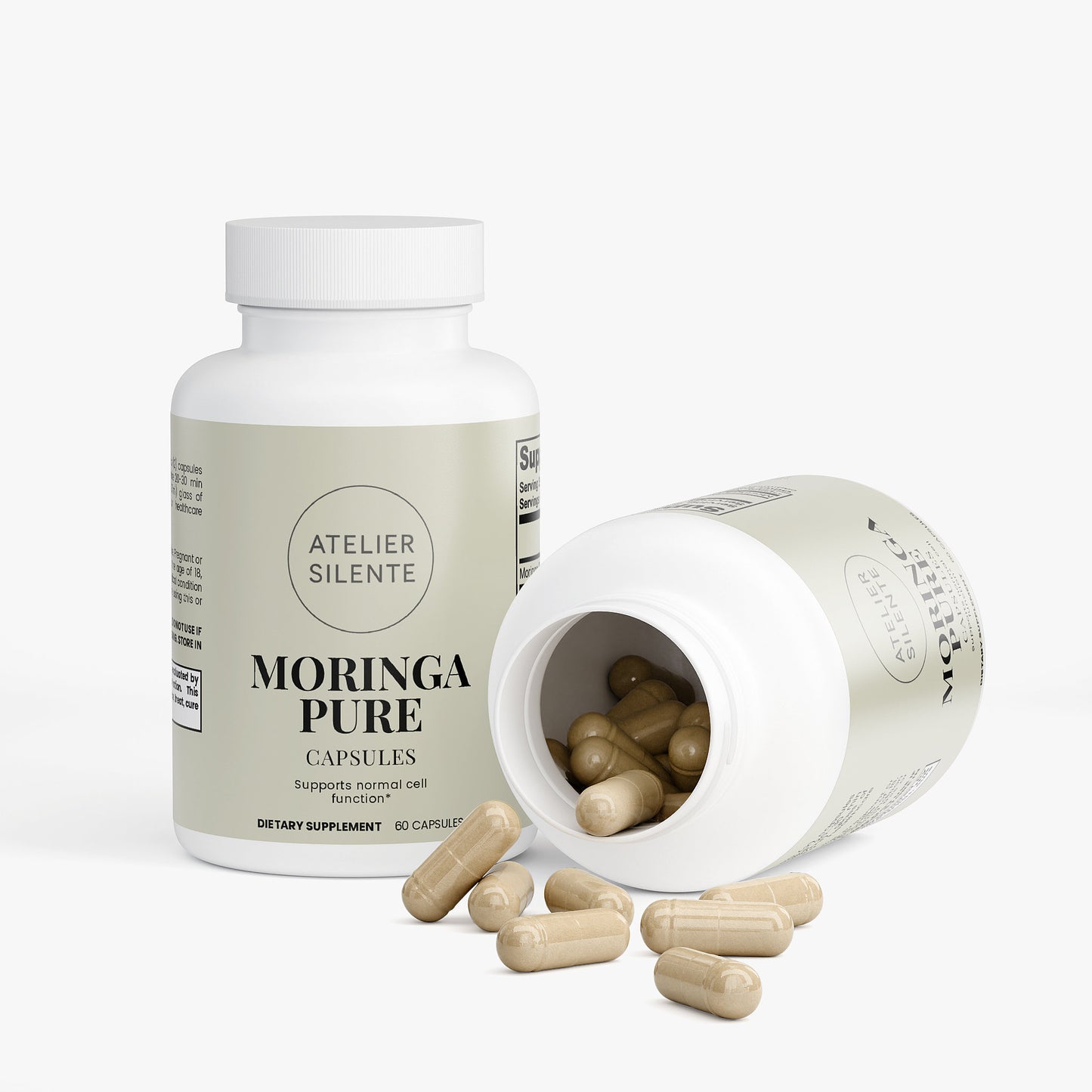 Moringa Pure capsules in a bottle, promoting energy and digestion support for a clean, green routine.