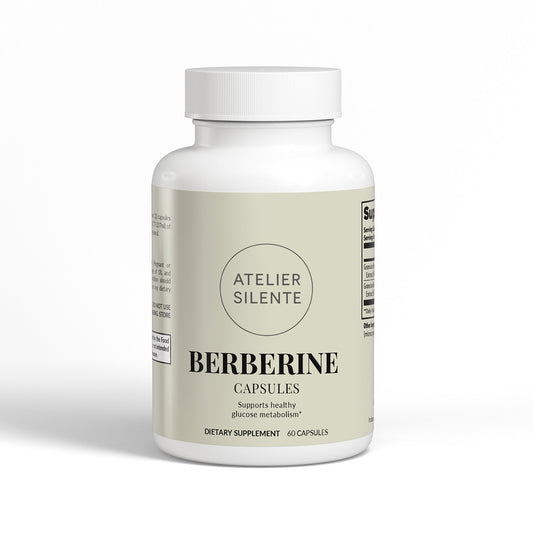 Berberine capsules bottle, supports healthy glucose metabolism, steady metabolism supplement.