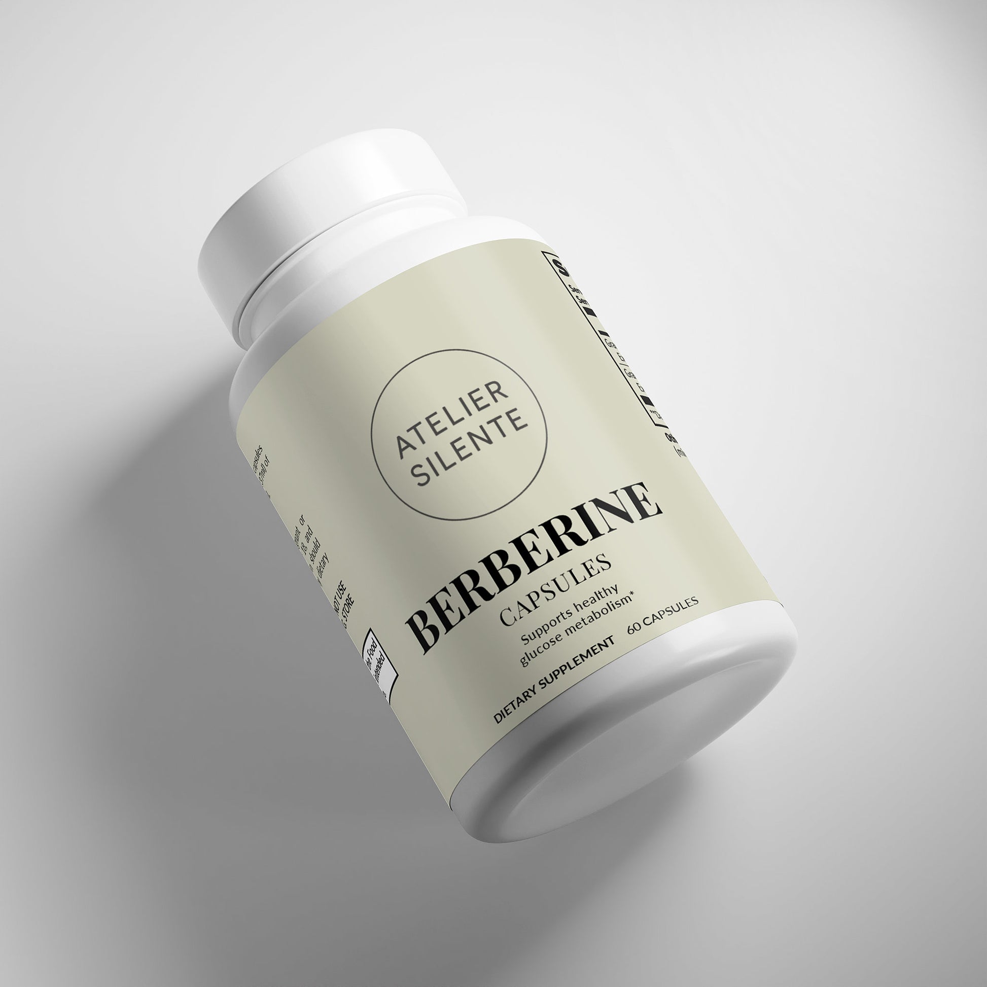 Berberine dietary supplement capsules bottle with label by Atelier Silente