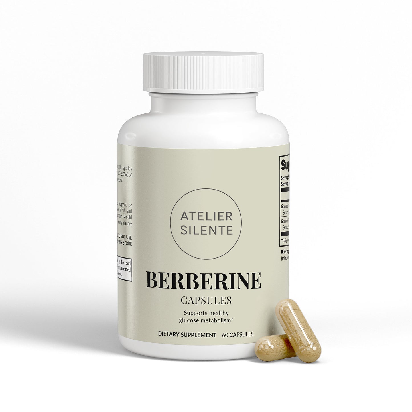 Berberine dietary supplement bottle with capsules promoting healthy glucose metabolism.