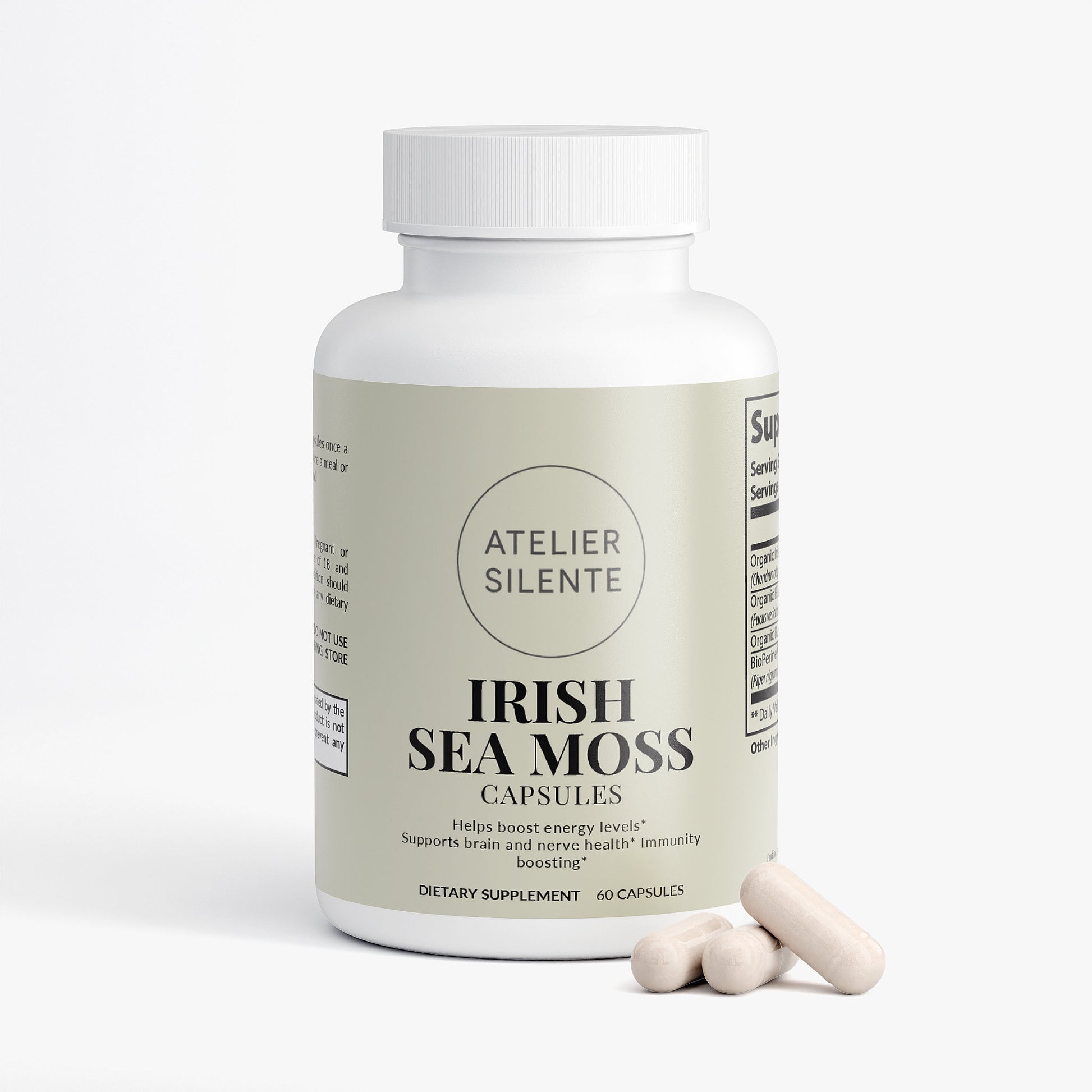 Irish Sea Moss capsules in a bottle for daily mineral support and energy boost.