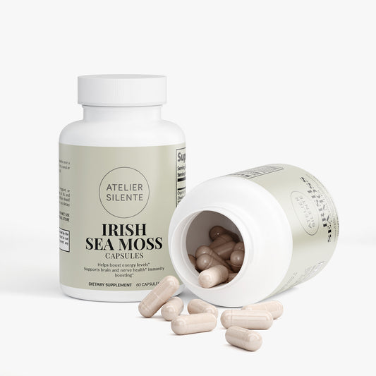 Bottle of Irish Sea Moss capsules for daily mineral support and overall wellness.
