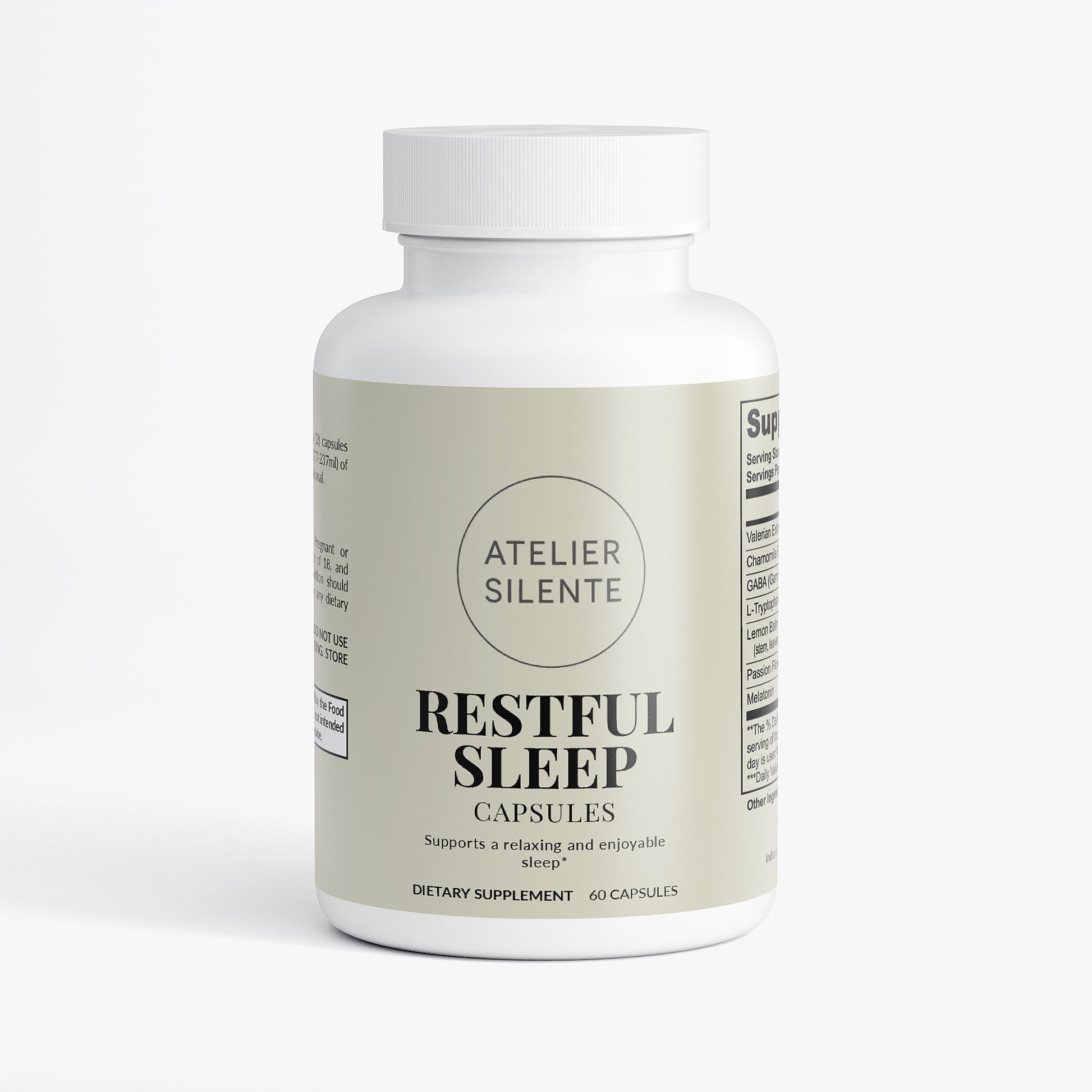 Bottle of Restful Sleep capsules, a dietary supplement for relaxing and enjoyable sleep.