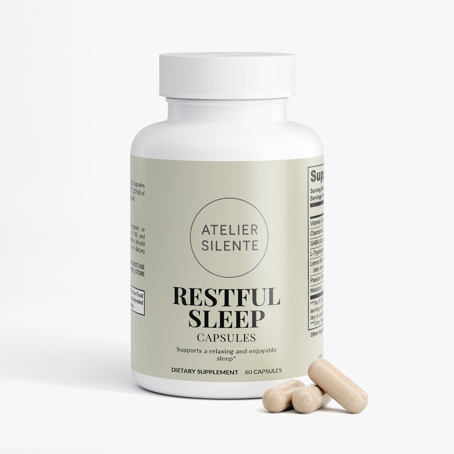 Atelier Silente Restful Sleep capsules bottle with three capsules, supports deep and restful sleep.