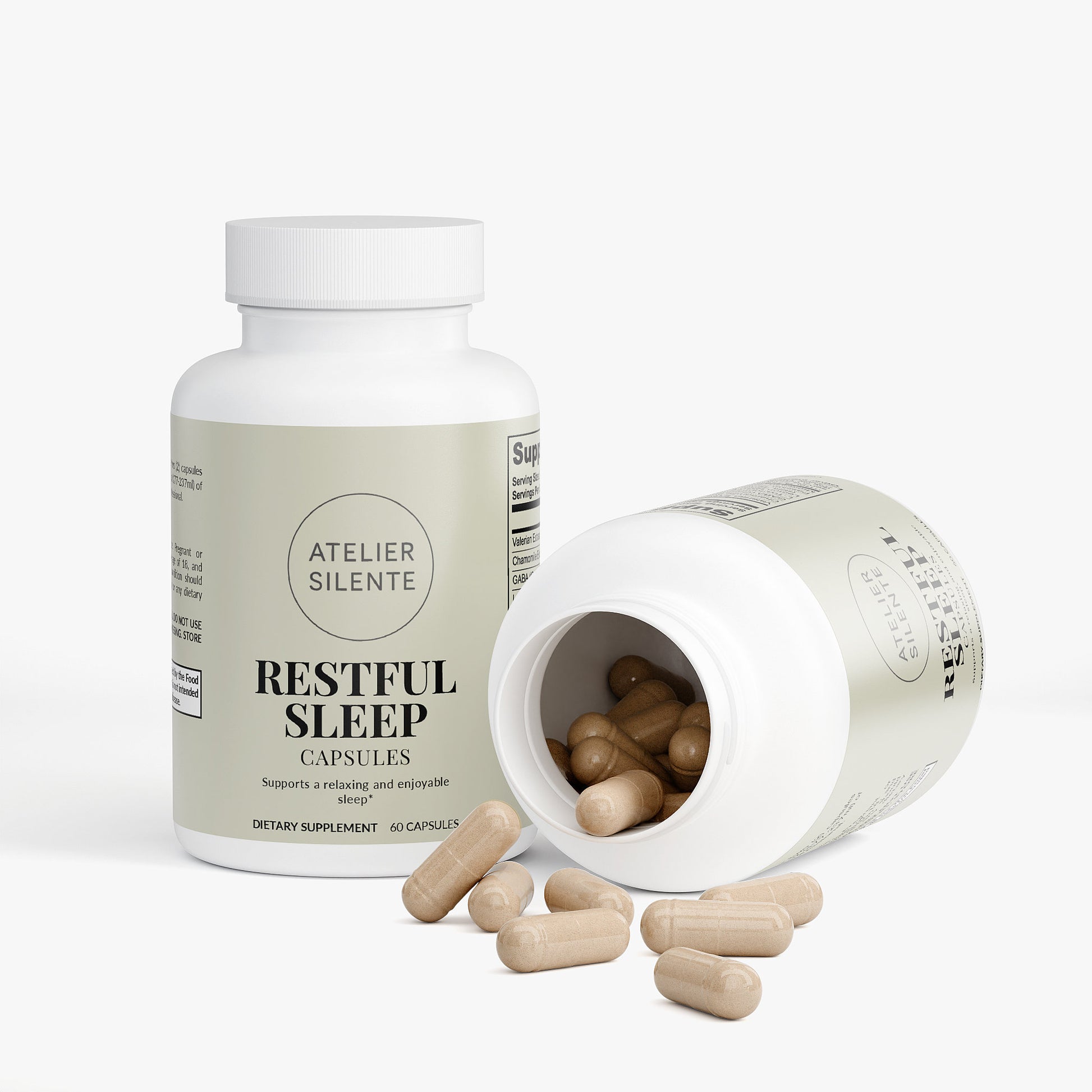 Restful Sleep capsules in a bottle, promoting deep and restful sleep for better mornings.