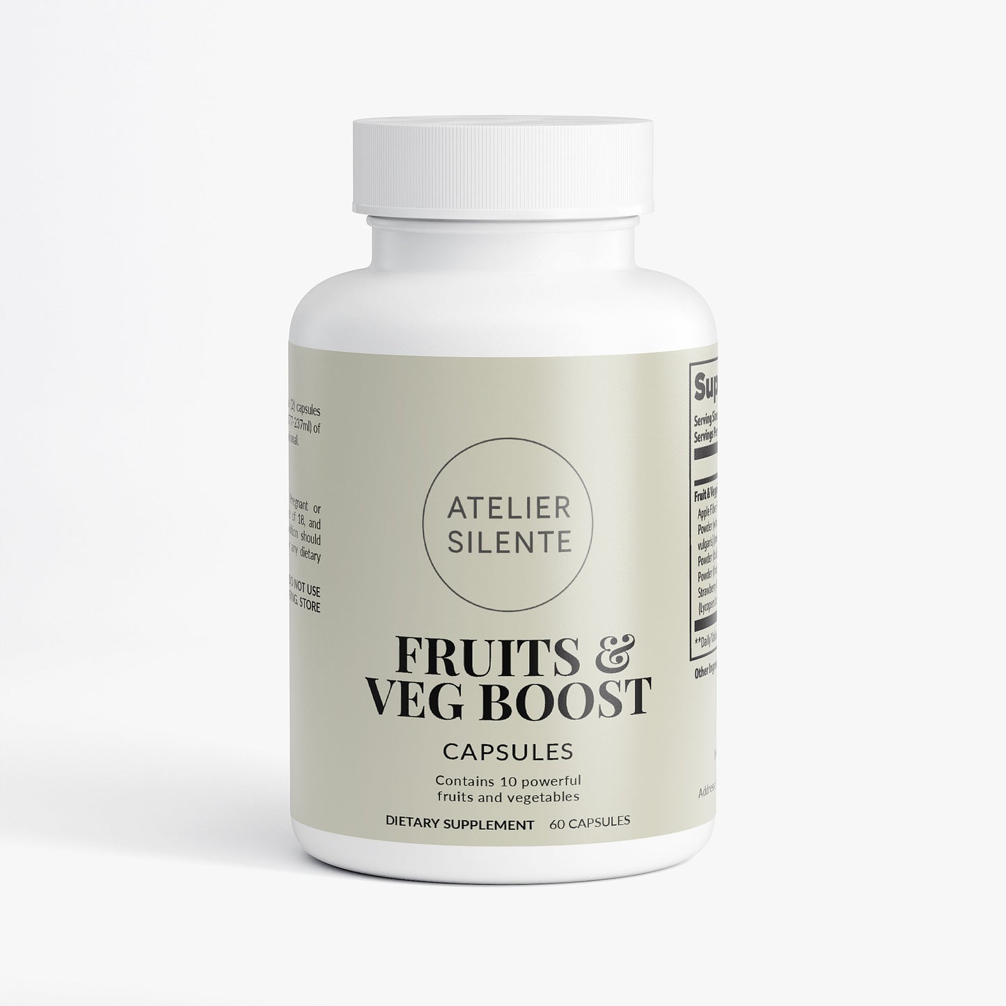 Fruits & Veg Boost capsules bottle, dietary supplement with 10 fruits and vegetables for health benefits.
