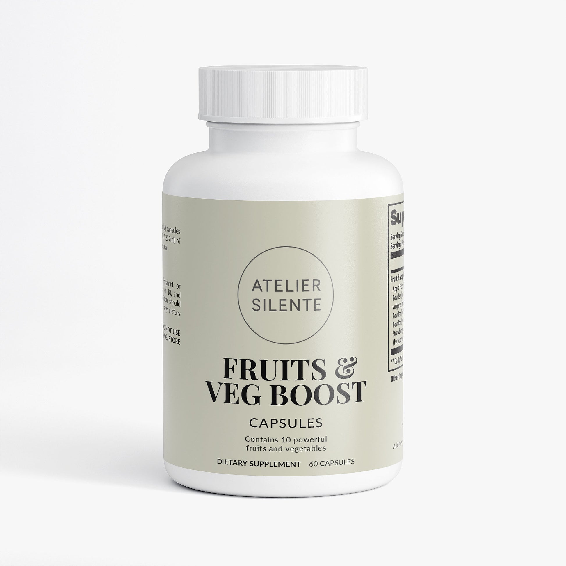 Fruits & Veg Boost capsules bottle, dietary supplement with 10 fruits and vegetables for health benefits.