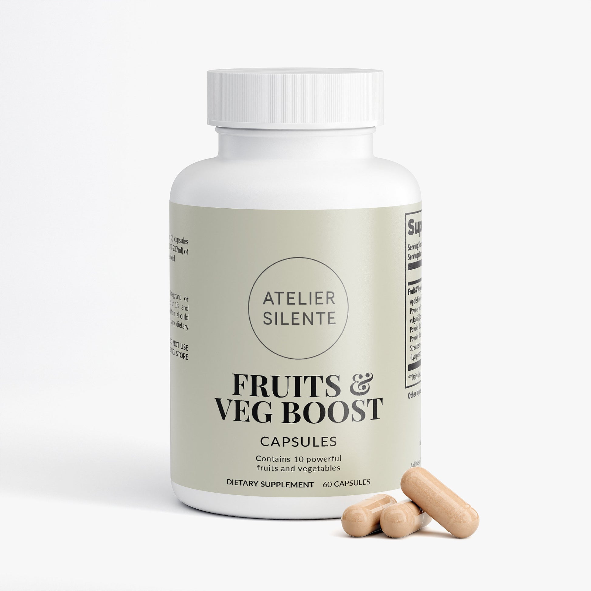 Fruits & Veg Boost capsules packaging for dietary supplement, promoting health and vitality.