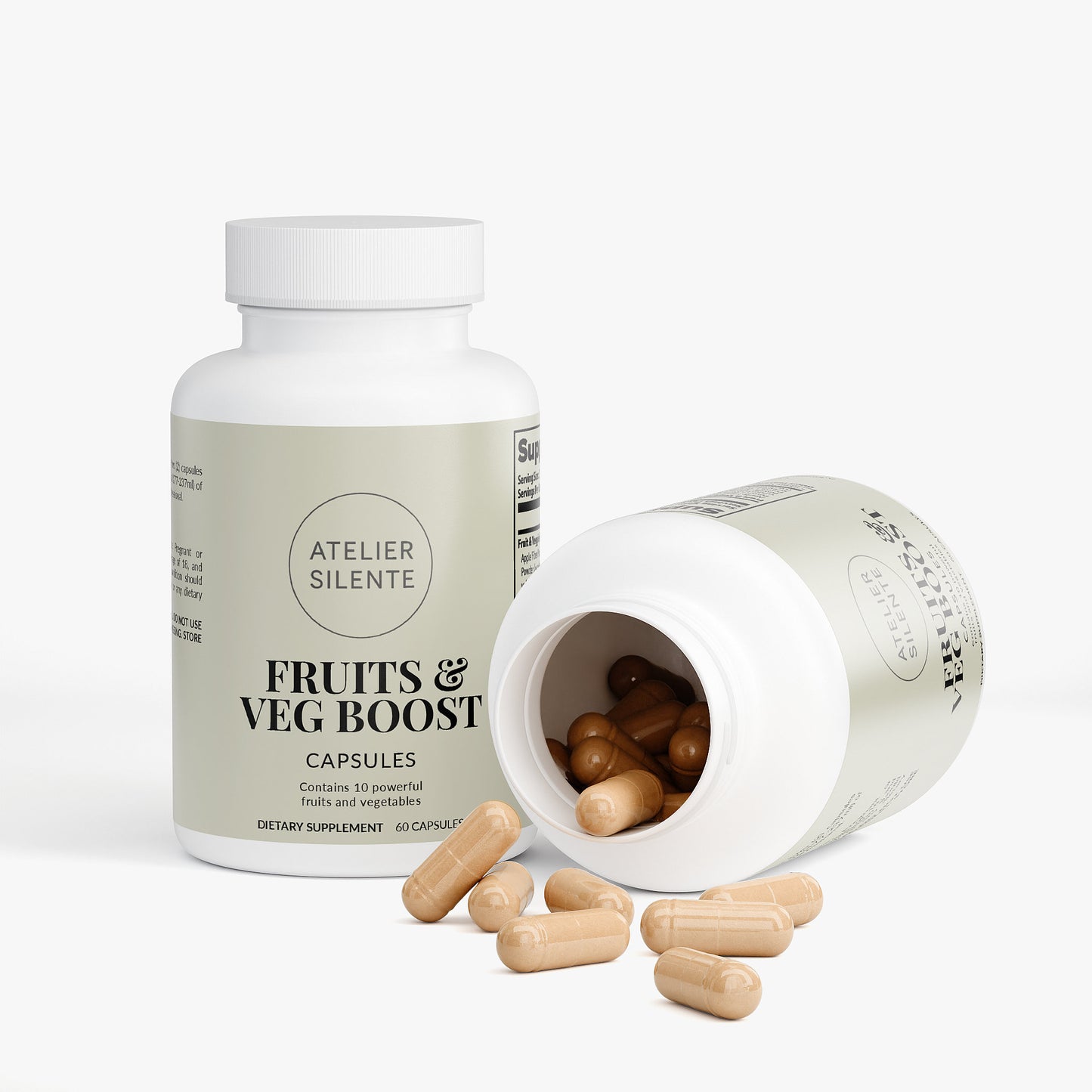 Fruits & Veg Boost capsules in a bottle, promoting fiber and phytonutrients for daily wellness.