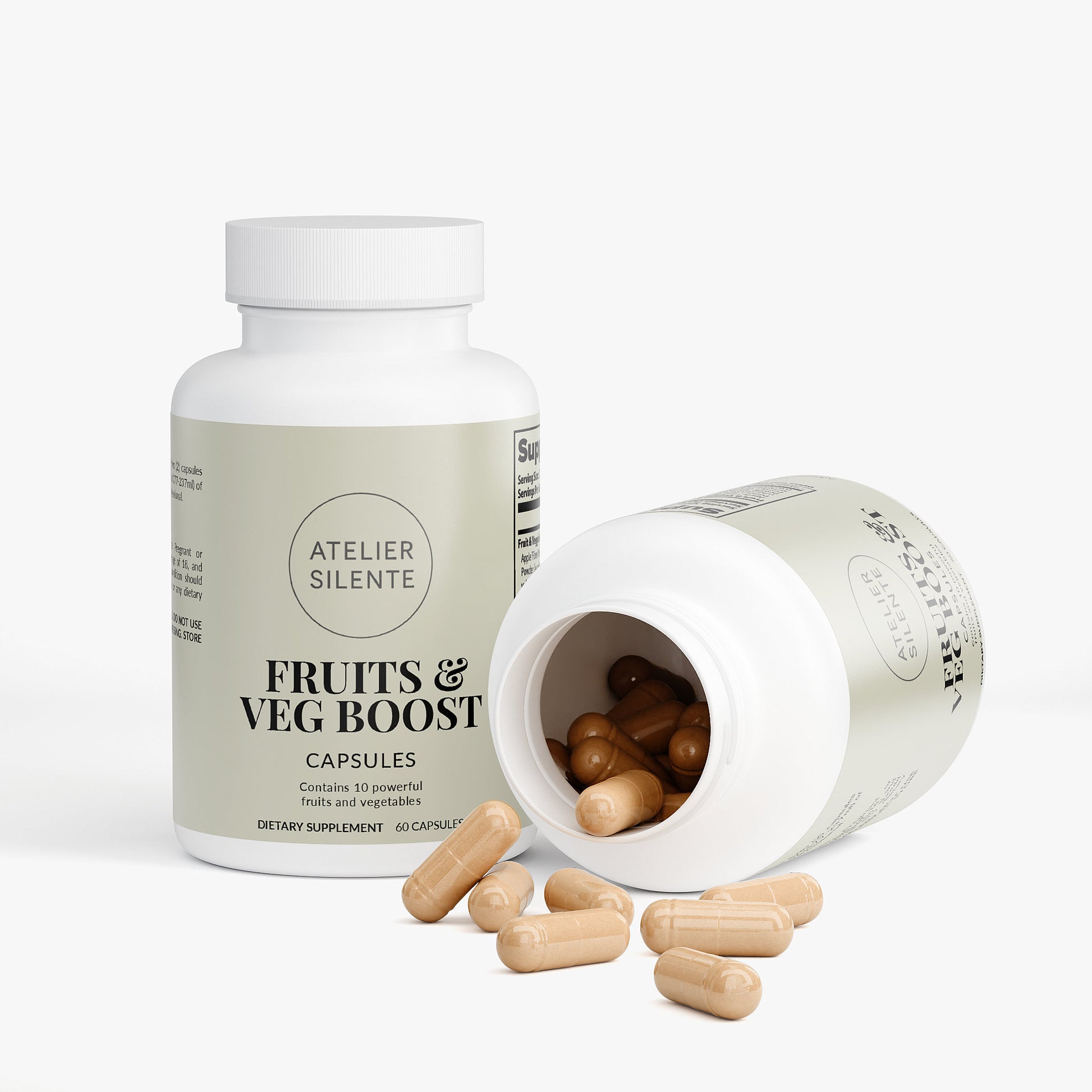 Fruits & Veg Boost capsules in a bottle, promoting fiber and phytonutrients for daily wellness.