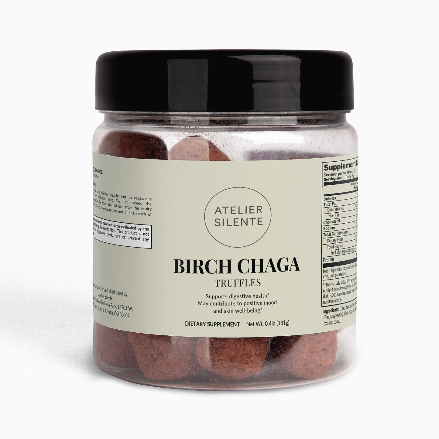 Birch Chaga Functional Truffles in a clear jar, promoting gut comfort and steady mood support.