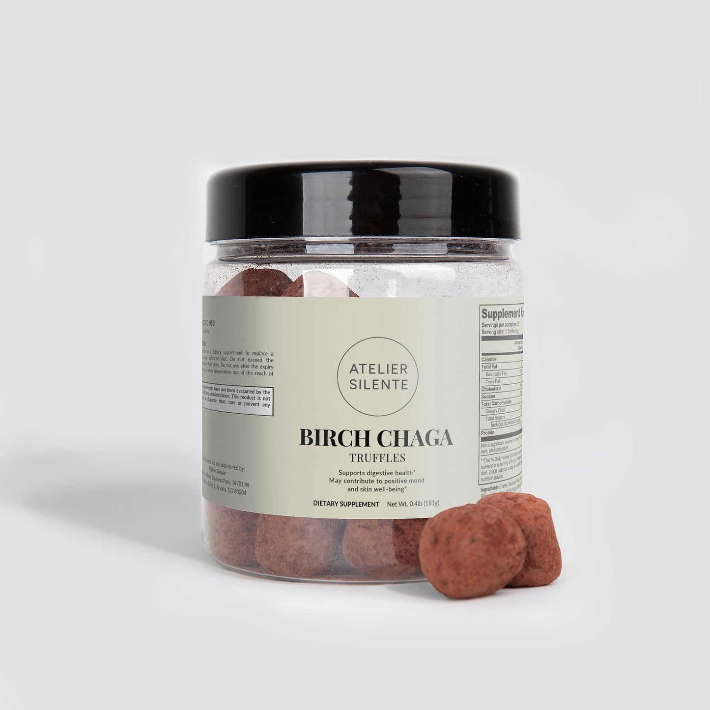 Birch Chaga Functional Truffles in a jar, a nutrient-rich snack for gut comfort and steady energy.