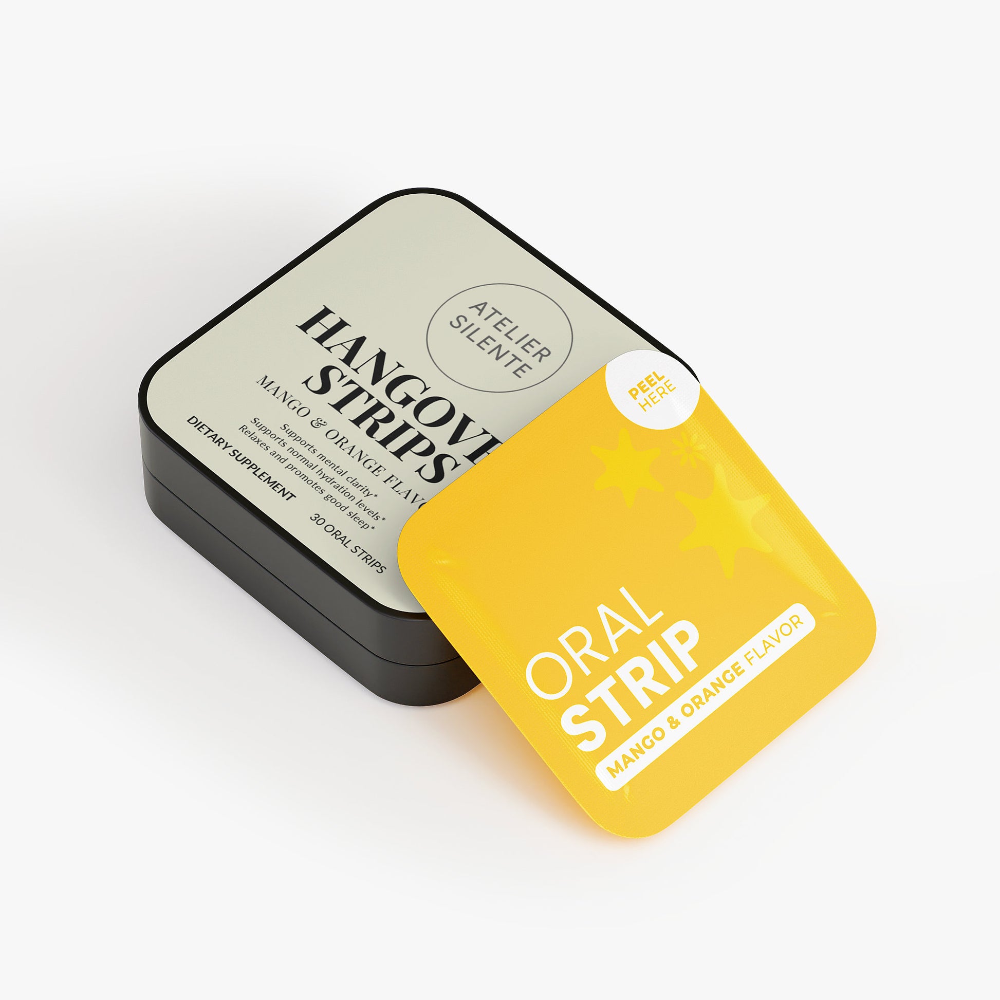 Hangover Strips packaging, featuring mango and orange flavor, in a sleek black tin for quick, easy recovery.