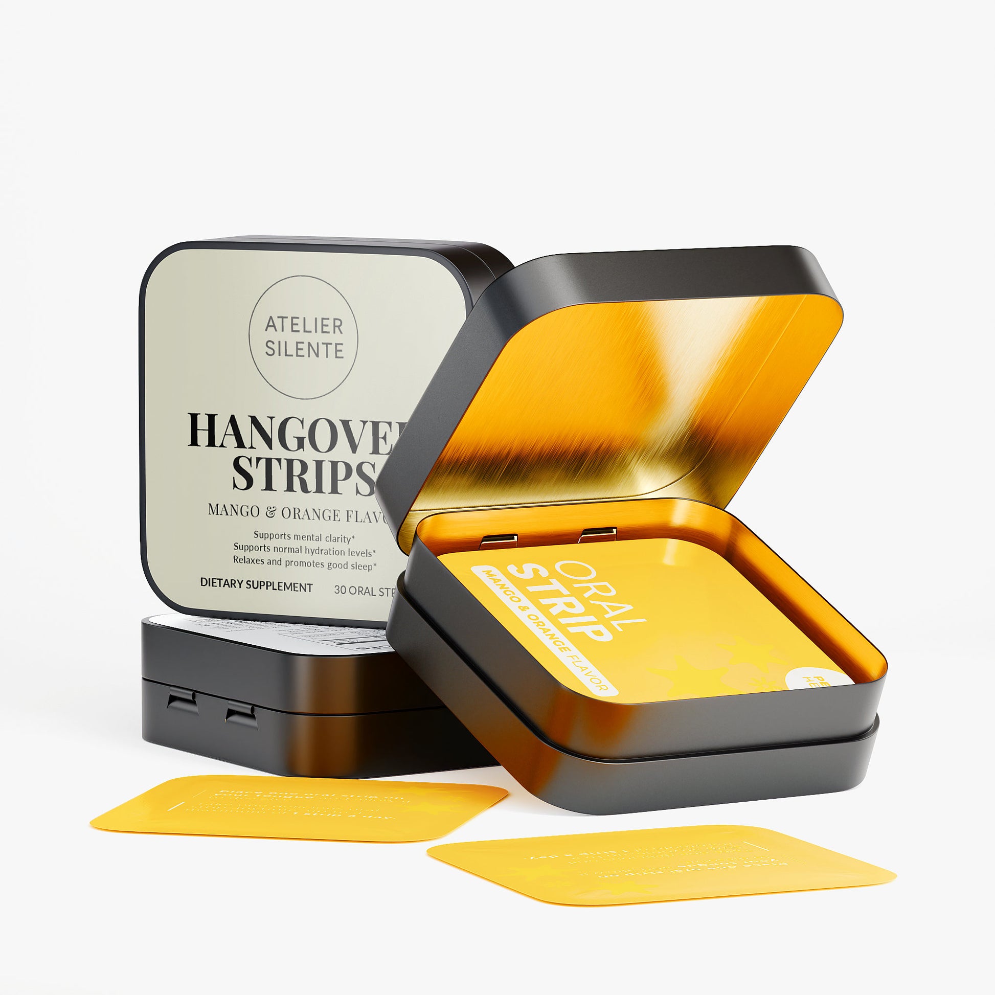 Hangover Strips packaging featuring mango and orange flavored mouth-dissolve strips for hangover recovery support.