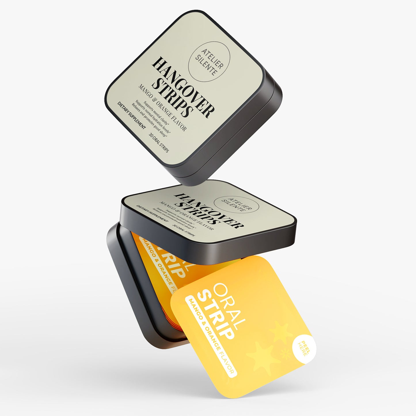 Three boxes of Hangover Strips, designed for easy mouth-dissolving support after social nights out.