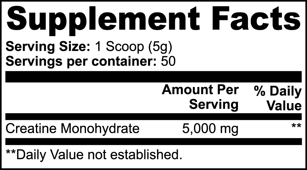 Supplement Facts label showcasing serving size and content of Creatine Monohydrate, highlighting 5,000 mg per scoop.