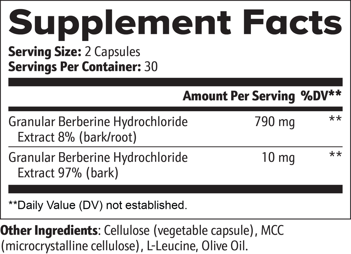 Supplement facts label for Berberine supplement detailing ingredients and dosage information.