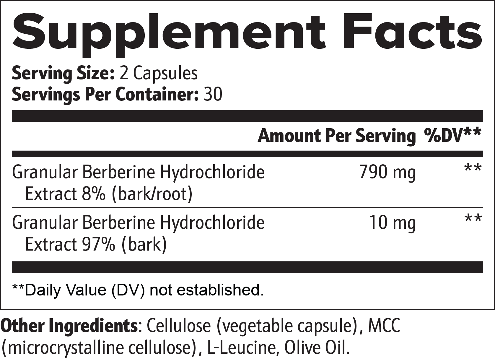 Supplement facts label for Berberine supplement detailing ingredients and dosage information.