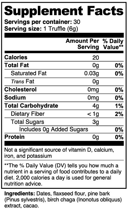 Nutrition label for Birch Chaga Functional Truffles detailing serving size and ingredients.